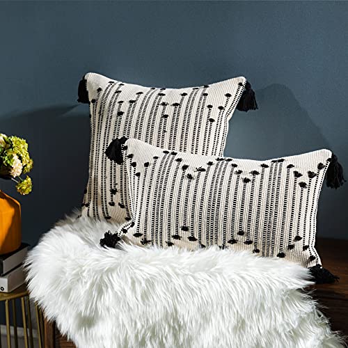 LIGICKY Boho Lumbar Pillow Covers Decorative Woven Tassel Throw Pillows Rectangle Pillow Sham Black and Off White Pillowcase for Couch Sofa Bed Car 12x20 Inch - color: Black Stripe, size: 20" x 12" (Pack of 1)