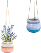 23 Bees Ceramic Hanging Planter, Pink White Succulent Pots, Round Plant Holder Container, Cactus Pot with Cotton Rope Hanger, Indoor Outdoor Decor, (1 Pack x Pink Horizon)