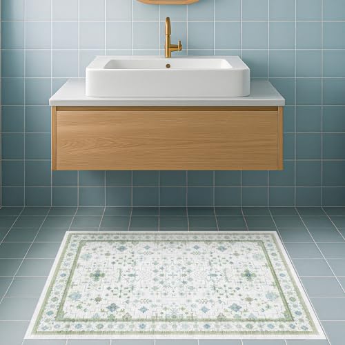 Washable Boho Bathroom Rug 2x3 - Small Throw Area Rugs for Powder Room, Laundry, Kitchen, Blue and Green Oushak Modern Eclectic Geometric Floral Pastel Decor, Low Pile Non-Slip Stain Resistant - color: Cream Green, size: 2' x 3' (Rectangular)