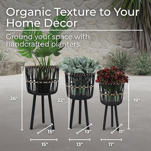 Set of 3 Woven Basket Decorative Planter Pot – Bamboo & Pine Wood Outdoor & Indoor Plant Pot – Modern Boho Garden and Home Decor Planters – 19", 23", & 26", Black - color: Woven Black/Natural, size: 26" H