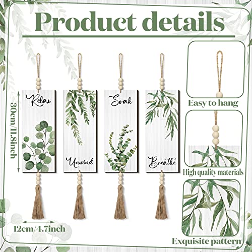 Qunclay 4 Pieces Boho Wall Decor for Bathroom 12 x 5 Inch Relax Soak Unwind Breathe Bathroom Sign with Beads Leaf Print Minimalist Botanical Wall Art Farmhouse Wooden Hanging Art(Green,Plant) - color: Green