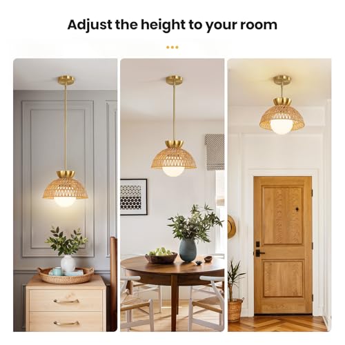 AIJIASI Rattan Pendant Light, 11.8" Hand Woven Boho Pendant Light Fixture with Milk Glass Globe, Gold Kitchen Pendant Lighting Over Island Adjustable Chandelier for Dining Room Hallway Foyer - color: Gold