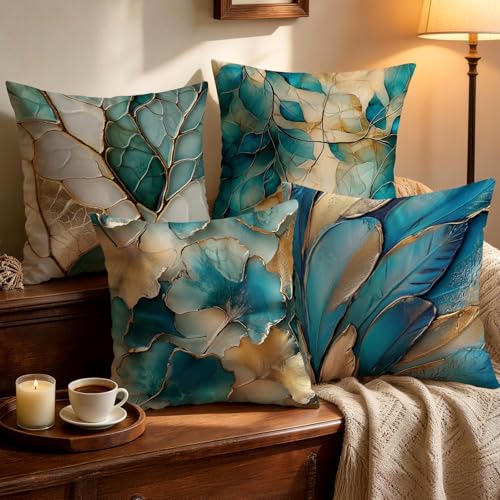 OBSEDE Teal and Gold Leaf Decorative Throw Pillow Covers 18x18 Set of 4, Modern Abstract Botanical Pillow Cases for Sofa Living Room Decor - color: Teal Abstract Foliage Art, size: 18" x 18" (Pack of 4)