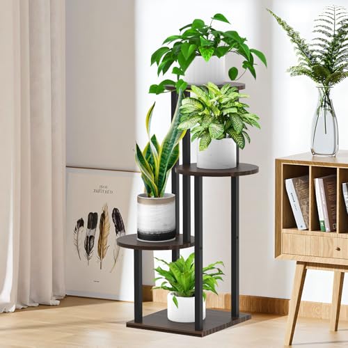 4 Tier Wood Tall Plant Stand Metal Rack Indoor, Multiple Flower Pot Holder Shelves Corner Rack, Round Planter Shelf Display Rack Storage Organizer for Patio Living Room Balcony(Black+Oak) - color: Black+Oak, size: 4 Tier