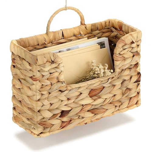 Woven Water Hyacinth Wall Basket - Hanging Magazine Holder & Mail Organizer, Natural Wicker Wall Storage Pocket for Files, Books, Entryway & Office Decor