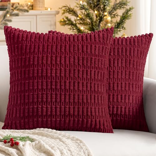 MIULEE Pack of 2 Burgundy Corduroy Decorative Pillow Covers 16x16 Inch Soft Boho Striped Throw Pillow Covers Modern Farmhouse Home Decor for Sofa Living Room Couch Bed - color: Burgundy, size: 16" x 16" (Pack of 2)