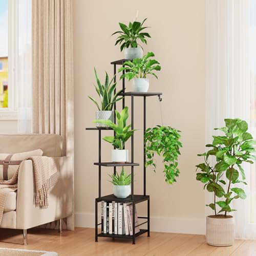 Homsorout Plant Stand Indoor with Grow Light - 6-Tier Metal Plant Shelf with Hanging Basket Hook, Corner Tall Flower Holder for Multiple Plants, Living Room Balcony Garden Patio, Black - color: Black, size: 6-Tier