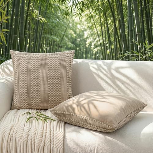 a moment 2 Pack Bamboo Fiber Pillow Covers - Waffle Weave, Ultra Soft & Breathable, Skin-Friendly Cotton Throw Pillow for Couch, Sofa, Bedroom Living Room 18x18 Inch Khaki - color: Khaki, size: 18" x 18" (Pack of 2)