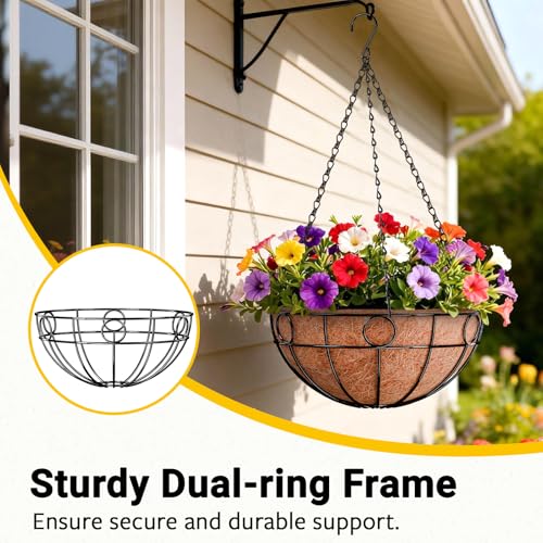 ZeeDix 2 Pack 14 Inch Metal Outdoor Plant Hanging Baskets, Round Wire Planter Basket with Coco Coir Liner, Large Hanging Flower Pots for Outdoor Garden Yard Patio Porch Balcony Decor - size: 14 Inch