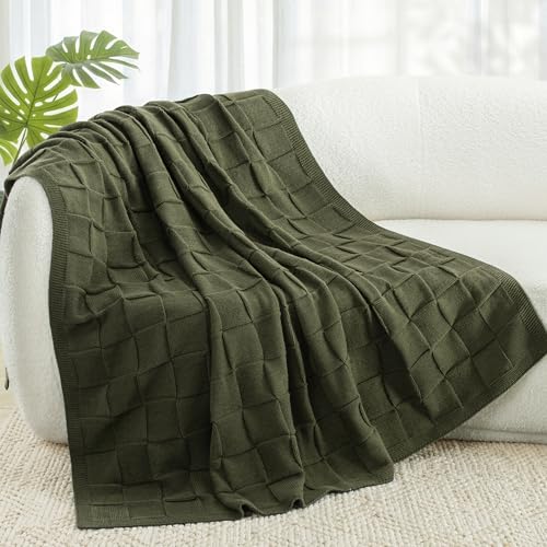 Whale Flotilla Checkered Knit Throw Blanket for Couch, Soft Decorative Knitted Blankets for Sofa Bed, Lightweight Cozy Throws for Spring Summer, 50x60 Inch, Olive - color: Olive, size: 50x60 Inch