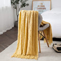TREELY Knit Throw Blanket for Couch,Soft Knitted Blankets with Tassels Fringe 50" X 67.7", Decorative Lightweight Throws Blanket Farmhouse Bed Sofa Fall Outdoor, Yellow