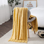 TREELY Knit Throw Blanket for Couch,Soft Knitted Blankets with Tassels Fringe 50" X 67.7", Decorative Lightweight Throws Blanket Farmhouse Bed Sofa Fall Outdoor, Yellow