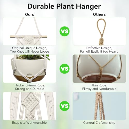 USLAI Macrame Plant Hanger Indoor Outdoor, Fits 4 to 12 Inch Pots, Hanging Planter Holder with Dowel Rod and Tassels, Boho Home Decor, 47+47 Inch, Ivory (POTS NOT Included) - color: Ivory, size: 47+47 Inch