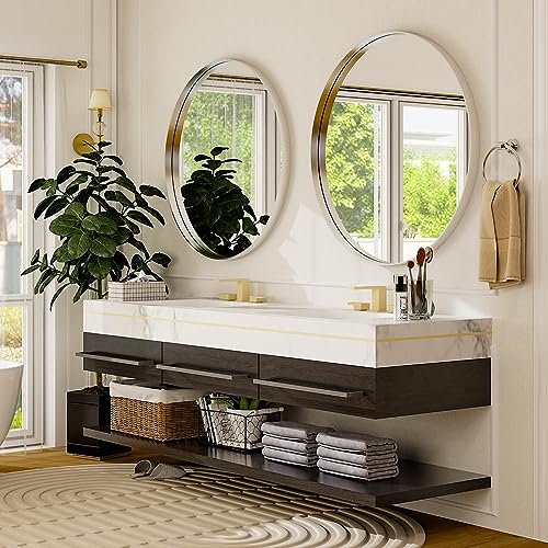 32 Inch Round Bathroom Mirror - Wall Mounted Circle Mirror with Metal Frame, Modern Style Suitable for Bathroom, Vanity, Entryway, Living Room, Wall Decor,Silver - color: Silver, size: 32"L x 32"W