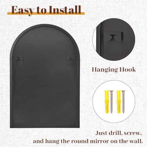 26" x 38" Luxury Arched Bathroom Mirror - Arch Wall Mirror with Shatterproof Tempered Glass and Metal Deep Frame, Hanging or Leaning for Living Room, Dresser, Entrance and Hallway, Black - color: Black, size: 38"L x 26"W