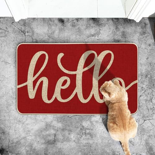Artoid Mode Red Hello Valentine's Day Doormat, Anniversary Home Decor Low-Profile Switch Rug Door Mat Floor Mat for Indoor Outdoor 17x29 Inch - color: Red, size: 17" x 29"