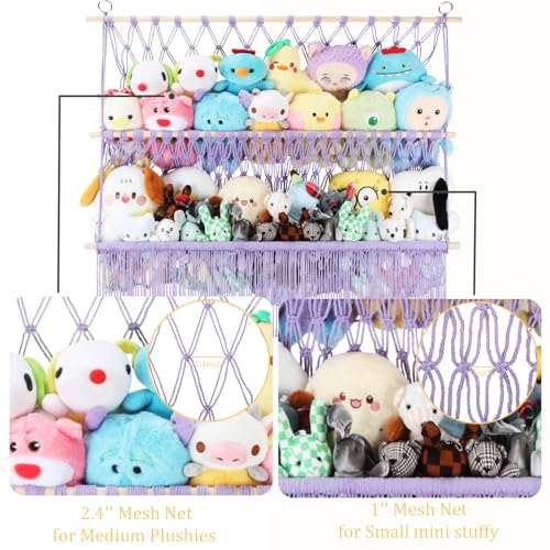 2 Tier Stuffed Animal Storage Shelf Net, 35x30'' Large Plushie Net w/ 2.4/1'' Dense Mesh for Mini Medium Stuffy Teddy, Purple Boho Macrame Toy Holder Display w/ Lights&Clips for Nursery Kid Girl Boy - color: Light Purple, size: Large-2 Tier-35x30 Inch