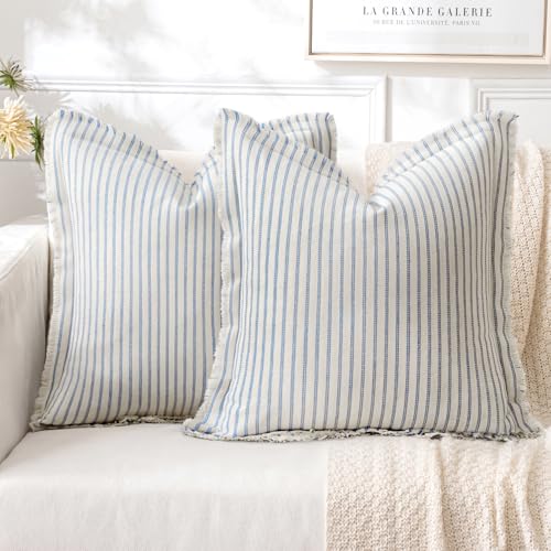 MIULEE Pack of 2 Light Blue Pillow Covers 18x18 Inch Striped Farmhouse Couch Spring Spring Throw Pillow Covers with Fringe Chic Cotton Decorative Cushion Covers for Sofa Living Room Bed Home Decor - color: Light Blue, size: 18" x 18" (Pack of 2)
