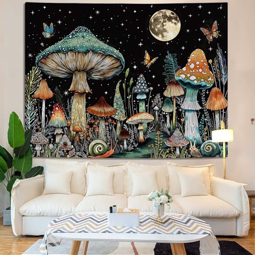 Accnicc Vintage Mushroom Tapestry Hippie Plant Butterfly Wall Tapestry for Bedroom Aesthetic Fantasy Moon Starry Night Snail Small Tapestries Wall Hanging for Dorm Living Room Decor 60 × 44 Inch - color: Black Blue, size: 60"L x 44"W