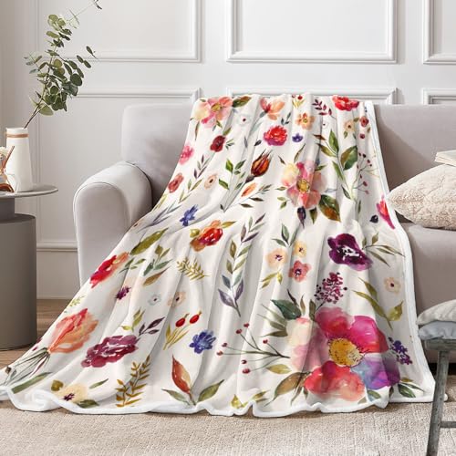 Boho Floral Blankets Pink Floral Throw Blanket, Soft, Flannel, Warm, Colorful Watercolor Flowers Throw Blanket, Botanical Flowers Bed Throws for Couch Bedroom Living Room 50X60 Inch - color: Pink, size: 50 X 60