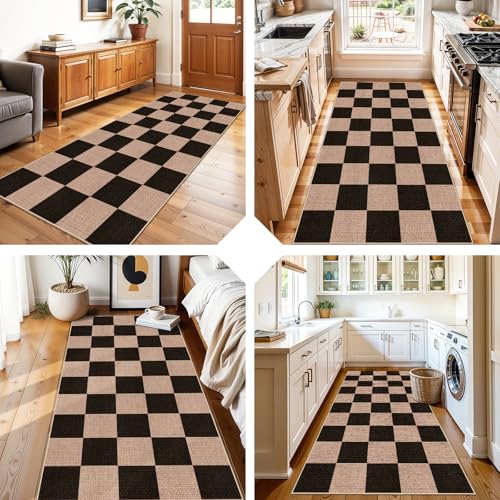 3x6 Kitchen Runner Rug Washable Non Slip: Diamond Pattern Faux Jute Rug - Thin Easy Clean Indoor Farmhouse - Boho Rugs for Entryway Kitchen Hallway Bedroom Modern Home Decor Mat (Black,3x6) - color: Black, size: 3' x 6' (Rectangular)