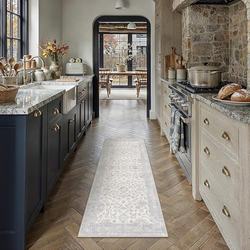 2x6 Blue Washable Runner Rug for Living Room Bedroom Neutral Soft Floral Non Slip Runner Rug Lightweight Vintage Low Pile Distressed Runner Kitchen Hallway Porch Beside Bed Bathroom - color: Blue Grey, size: 2'x6'