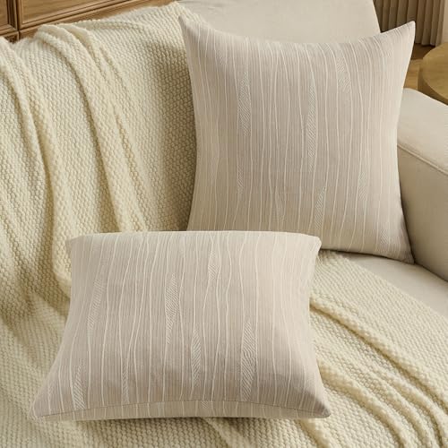 FUTEI Pack of 2 Dyeing Chenille Throw Pillow Covers 16x16 Inch Soft Line Textured Decorative Cushion Cases Modern Farmhouse Accent for Couch Living Room, Dyeing Beige - color: Dyeing Beige, size: 16" x 16" (Pack of 2)