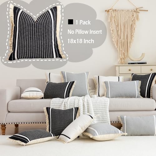 CARRIE HOME Modern Farmhouse Black and White Striped Pillow Cover 18x18 with Tassels 1 Pack, Black Throw Pillows for Couch Room Decor, Black Boho Decorative Cotton Woven Accent Pillow Covers 18 x 18 - color: Black (With Tassels), size: 18" x 18" (Pack of