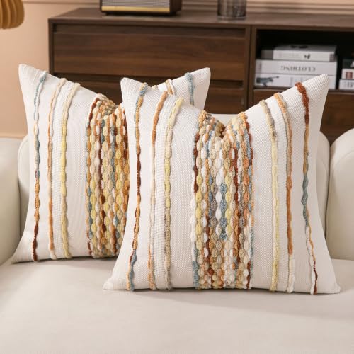 Boho Striped Throw Pillow Covers 18x18 Inch Set of 2 Farmhouse Square Decorative Pillow Covers Chenille Tufted Accent Neutral Pillowcase Yellow Cushion Cover for Living Room Couch Sofa Bed - color: Yellow