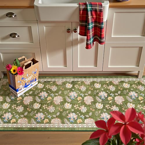 jinchan Elora 2x5 Floral Runner Rug for Hallway Washable Kitchen Runner Vintage Romance Design Non Slip Thin Indoor Floor Cover Low-Profile Throw Carpet for Entryway Bathroom Bedroom Porch, Green - color: Bloom Green, size: 2' x 5' (Light Weight)
