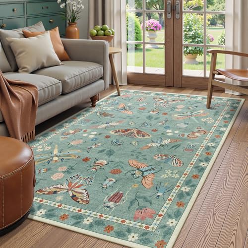 Beeiva Insect Print 5x7 Area Rugs for Living Room - Washable Non Slip Rugs for Dining Room Under Table, Soft Stain Resistant Carpet for Playroom Bedroom Office Whimsical Decor(5'x7',Green) - color: Light Green, size: 5' x 7' (Rectangular)