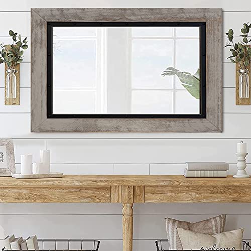 YOSHOOT Rustic Wooden Framed Wall Mirror, 40"x30", Natural Wood and Iron Bathroom Vanity Mirror for Farmhouse Decor, Vertical or Horizontal Hanging - color: White Grey, size: 40"L x 30"W