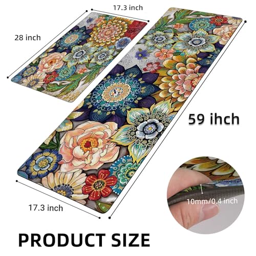 Boho Floral Kitchen Runner Rugs Mats for Floor 2 Piece Memory Foam Padded Long Kitchen Mats Anti Fatigue Cushioned Comfort Standing Mat, 17.3x28+17.3x59 Inch - color: Colorful Boho Floral, size: 17.3"x28"+17.3"x59"-0.40Th[2PCS]