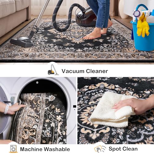HOMORE Black Rug 4x6 Area Rugs for Bedroom, Washable Non Slip Rug for Living Room Vintage Floral Rugs for Kids Room, Indoor Carpet for Kitchen Farmhouse Home Office - color: Black, size: 4' x 6' (Rectangular)