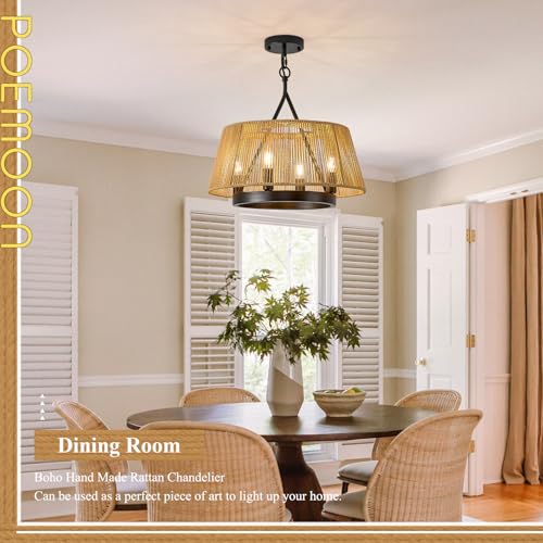 Farmhouse Boho Woven Chandeliers 18’’ Hand Rattan Ceiling Pendant Light 4-Light Chandelier Lighting Fixture for Dining Room, Hallway, Entryway, Kitchen,Bedroom, E12 - size: Trapezoid-17.7''-I