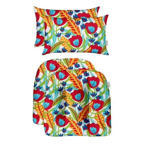RSH DECOR: Tufted U-Shapes & Lumbars 2 of Each | 19” x 19” & 20" x 12" | Water-Resistant Spun Fabric | Outdoor Wicker Cushions & Support Pillows for Patio | Artistic Multicolor Floral - Made in USA - color: Artistic Mutlicolor Floral, size: 19" x 19" & 20