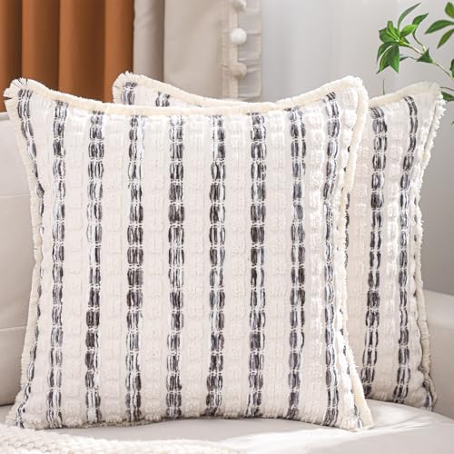 LUOYEHK Chenille Striped Throw Pillow Covers 20x20 Inch Set of 2 Boho Decorative Pillowcases with Fringe Farmhouse Neutral Gray Cushion Covers for Couch Sofa Bed Living Room - color: Gray, size: 20" x 20" (Pack of 2)