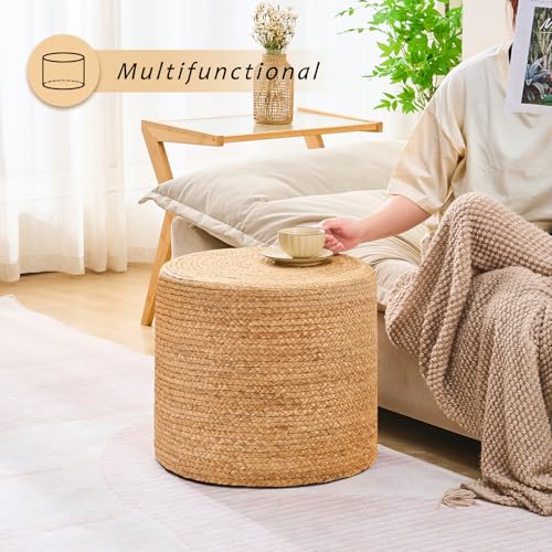 Handwoven Ottoman Pouf, Natural Water Hyacinth Footstool, Round Braided Outdoor Seat with Sturdy Frame, Boho Accent Stool for Patio, Balcony, or Garden (Natural) - color: Natural, size: 17.7"D x 17.7"W x 15.7"H