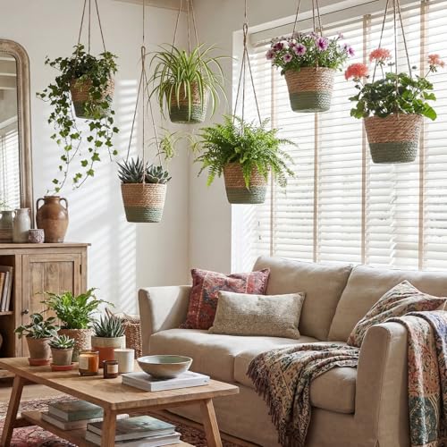 6 Pcs Seagrass Hanging Planter Basket Hand Woven Plant Basket with Plastic Liners Hanging Plant Holder Storage Containers with Cotton Rope for Indoor Garden Decor (Small,Brown,Green) - color: Brown, Green, size: Small