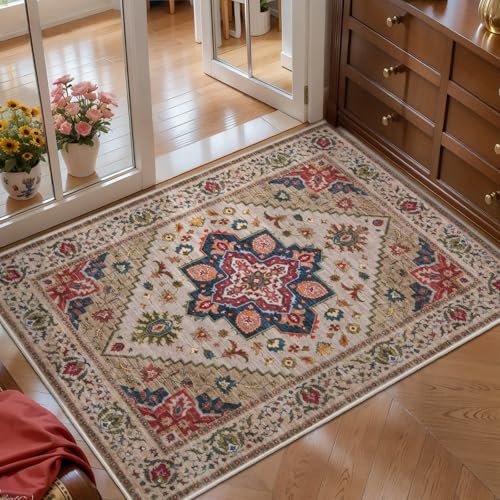 Tangsoo Vintage Small Rug 2x3 Washable Rugs for Entryway Non-Slip Oriental Low Pile Rug for Front Door, Kitchen, Indoor, Accent Throw Small Area Rug, Door Mat for Entrance, Soft Boho Beige/Red - color: Beige/Red, size: 2' X 3' (Rectangular)