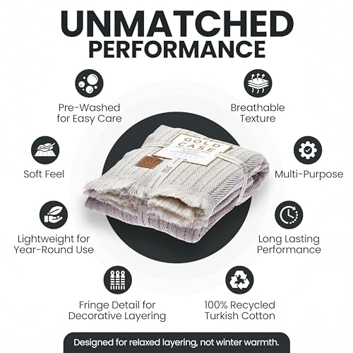 Gold Case Throw Blanket for Couch - 100% Recycled Turkish Cotton Blankets & Throws - Vintage Soft Throw Blankets for Living Room - Boho Decorative Woven Couch Blanket - 50x60 - Beige - color: Vintage Beige, size: 50x60"