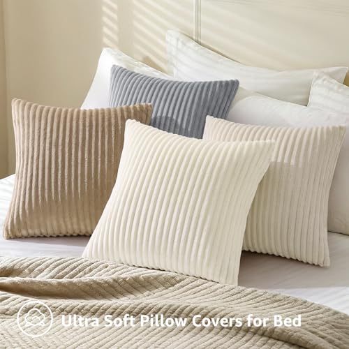 Simmore Decorative Throw Pillow Covers 22x22 Set of 2, Soft Natural Plush Flannel Double-Sided Fluffy Couch Euro Sham Pillow Covers for Sofa Living Room, Cream White - color: Cream White, size: 22" x 22" (Pack of 2)