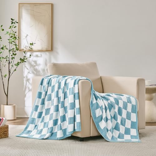 Checkered Throw Blanket, Light Blue Soft Cozy Fluffy Knitted Throw Blankets for Couch, Sofa, Bed, Chair, Warm Fuzzy Travel Picnic Lightweight Plaid Blanket, 50x70 inches - color: Light Blue, size: 50×70 Inch