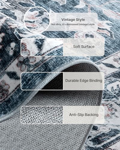 AMADA HOMEFURNISHING 9x12 Washable Area Rug, Low-Profile Large Area Rug with Non-Slip Backing & Durable Edge Binding, Vintage Large Rugs for Living Room, Bedroom & Dinning Room - color: Blue, size: 9' x 12' (Rectangular)