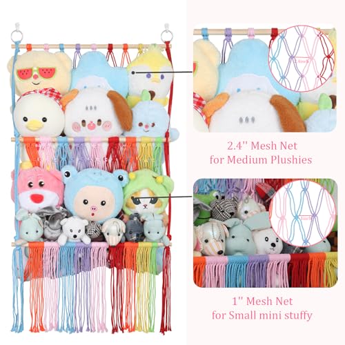 2 Tier Stuffed Animal Storage Shelf Net, 17x32Inch Large Stuffed Animal Organizer Holder Display for Mini Medium Stuffy, Rainbow Boho Macrame Wall Plushies Stuffy Storage for Nursery Decor - color: Rainbow, size: Large-2 Tier-17x32 Inch