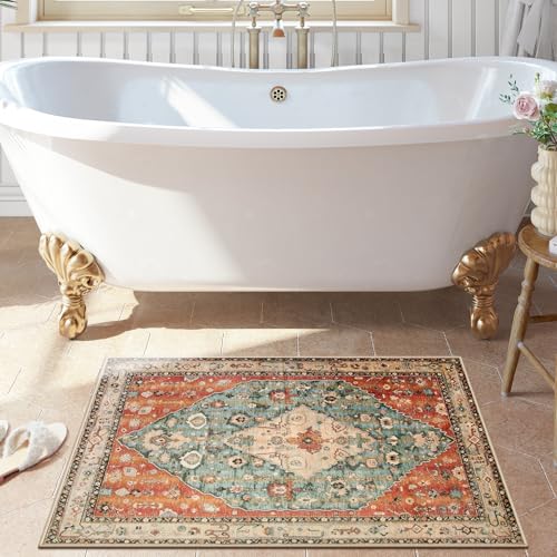 Lahome Felice Boho Tribal 2x3 Washable Small Rugs for Entryway Doormat Indoor Entrance, Throw Rugs with Rubber Backing, Bohemian Soft Non-Slip Bathroom Carpet for Bath Front Door Kitchen Floor - color: Geometric Tribal, size: 2' x 3' (Rectangular)