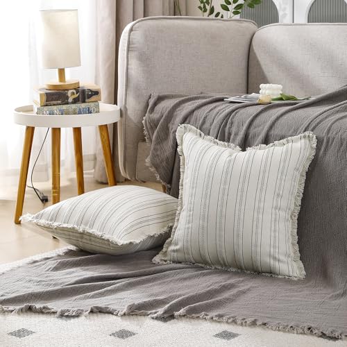 Set of 2 Striped Throw Pillow Covers 18x18 Inch, Boho Linen Blend Pillow Cases with Tassel Fringe, Black White Stripe Decorative Covers with Hidden Back Zipper for Couch Farmhouse Home Decor