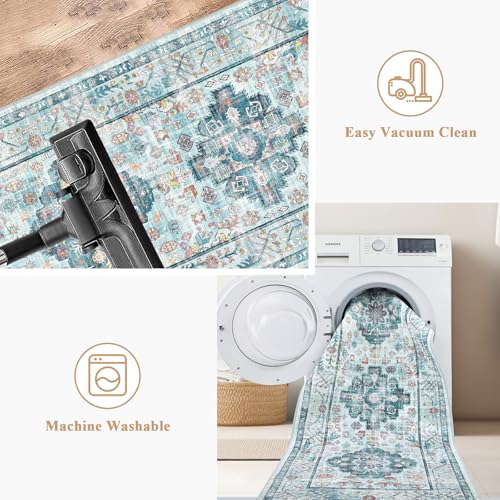Pauwer Boho Hallway Runner Rug 2x6 Washable Entryway Area Rugs Non Slip Farmhouse Vintage Floor Mat Carpet Runner for Hallways Laundry Room Kitchen Bathroom Bedroom - color: Vintage Distressed Blue, size: 2' x 6' (Runner)