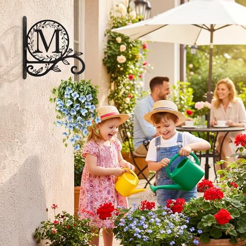Personalized Initial Metal Plant Hanger Bracket, Decorative Wall Mount Hanging Plant Hook, Monogram Floral Leaf Garden Stake for Hanging Baskets Bird Feeders Lanterns Wind Chime (Custom made) - style: Custom made