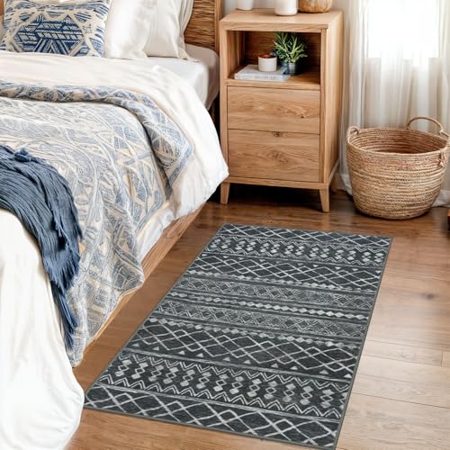 KUTA Washable Non-Slip Rugs for Entryway 2x3, Dark Grey Beige Moroccan Boho Small Area Rug,Soft Vintage Geometric Low-Pile Indoor Door Mat Floor Carpet for Indoor, Entrance, Kitchen, Bathroom - color: Dark Grey Beige, size: 2' x 3' (Rectangular)